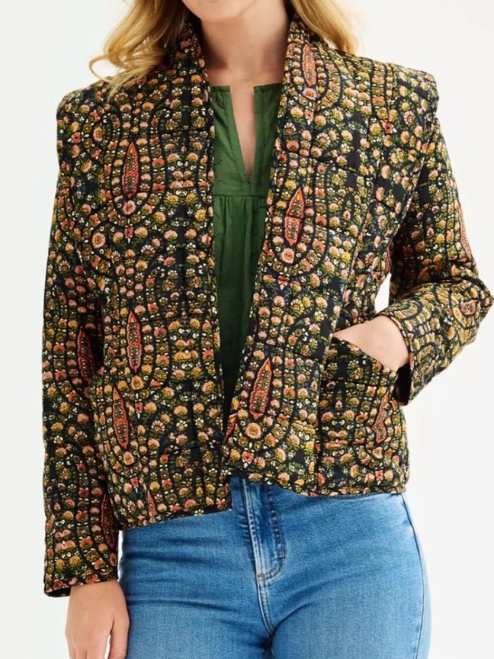 Farmers Market Floral Ruffle Quilted Bomber Jacket Women’s size M